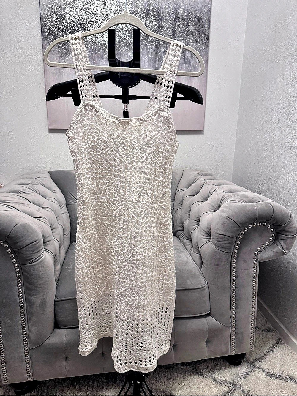LA BLANCA Crochet V-Neck Crochet Midi Dress White Medium